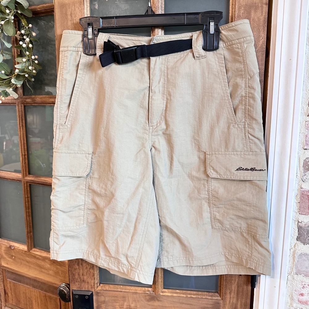 Eddie‎ Bauer Cargo Shorts Mens 32 Khaki Tan Nylon Hiking Belted Outdoor 0758